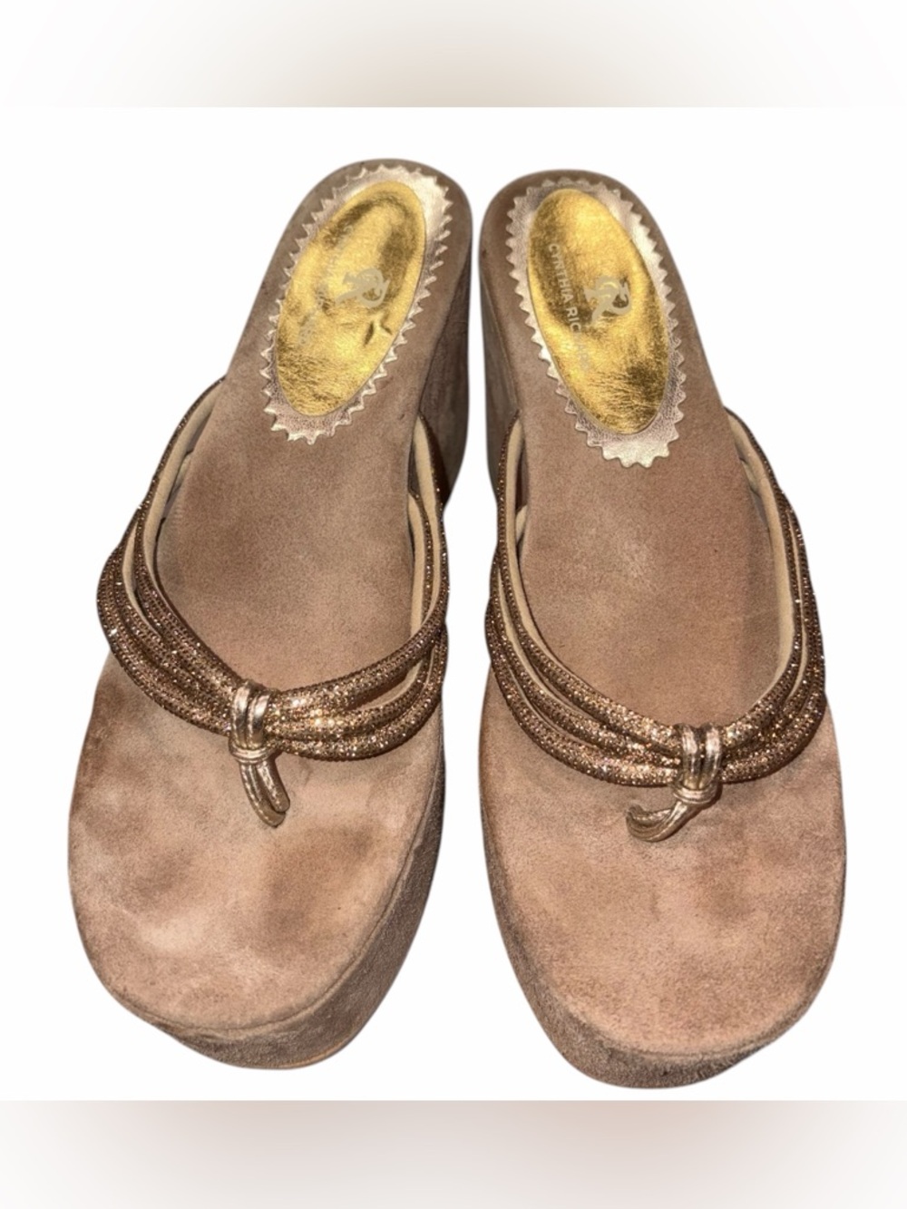 Cynthia Richard Brown Suede Sparkly Strap Thong Platform Sandals Shoes size 40